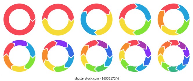 Colorful circle arrow charts. Multicolor spinning arrows, repeat circle combinations and reload icon vector set. Business strategy workflow process infographic elements, circular statistics diagrams