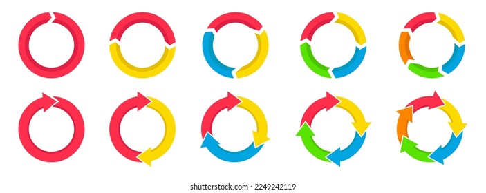 Conjunto de iconos de flecha de círculo colorido. Flechas giratorias. Iconos de flecha de color circular. Ilustración aislada del vector.