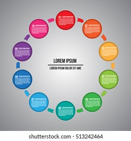 Colorful Circle With Arrow, Number and Information Text Design. 10 Options, Life Cycle Diagram,Workflow/Element Layout Design. Vector Illustration.