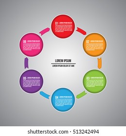Colorful Circle With Arrow, Number and Information Text Design. 6 Options, Life Cycle Diagram,Workflow/Element Layout Design. Vector Illustration.
