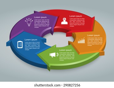 Colorful Circle Arrows With Business Icon And Information Text Design. 5 Options, 3D Design, Financial And Business Infographic, Life Cycle Diagram,Workflow/Element Layout Design. Vector Illustration.