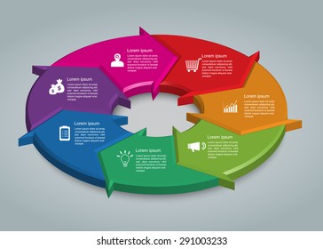 Colorful Circle Arrows With Business Icon And Information Text Design. 7 Options, 3D Design, Financial And Business Infographic, Life Cycle Diagram,Workflow/Element Layout Design. Vector Illustration.