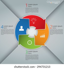 Colorful Circle Arrows With Business Icon And Information Text Design. 4 Options, Financial and Business Infographic, Life Cycle Diagram,Workflow/Element Layout Design. Vector Illustration.