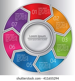 Colorful Circle Arrows With Number and Information Text Design. Metallic Color, 7 Options, Financial and Business Infographic, Life Cycle Diagram,Workflow/Element Layout Design. Vector Illustration