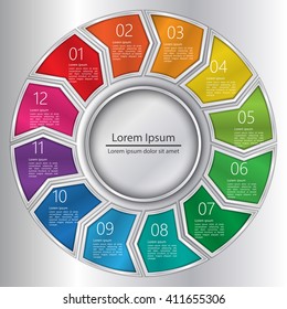 Colorful Circle Arrows With Number And Information Text Design. Metallic Color, 12 Options, Financial And Business Infographic, Life Cycle Diagram,Workflow/Element Layout Design. Vector Illustration