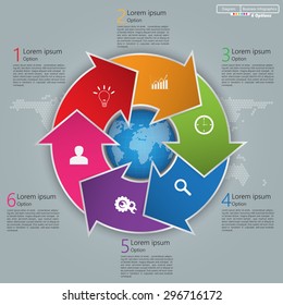 Colorful Circle Arrows With World Globe, Business Icon And Information Text Design on Dotted World Map Background, 6 Options, Life Cycle Diagram,Workflow/Element Layout Design. Vector Illustration
