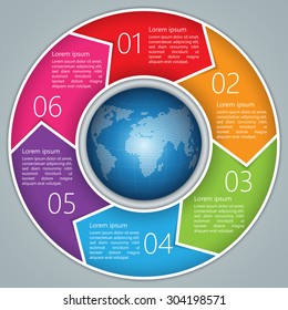 Colorful Circle Arrows With World Globe,Number And Information Text Design. 6 Options, Financial And Business Infographic, Life Cycle Diagram,Workflow/Element Layout Design. Vector Illustration