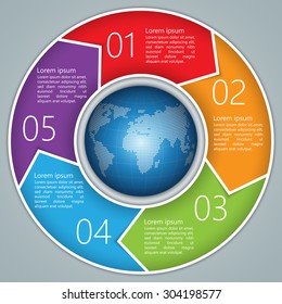 Colorful Circle Arrows With World Globe,Number And Information Text Design. 5 Options, Financial And Business Infographic, Life Cycle Diagram,Workflow/Element Layout Design. Vector Illustration