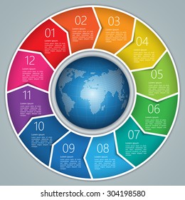 Colorful Circle Arrows With World Globe,Number And Information Text Design. 12 Options, Financial And Business Infographic, Life Cycle Diagram,Workflow/Element Layout Design. Vector Illustration