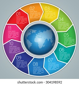 Colorful Circle Arrows With World Globe,Number And Information Text Design. 11 Options, Financial And Business Infographic, Life Cycle Diagram,Workflow/Element Layout Design. Vector Illustration