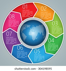 Colorful Circle Arrows With World Globe,Number and Information Text Design. 8 Options, Financial and Business Infographic, Life Cycle Diagram,Workflow/Element Layout Design. Vector Illustration