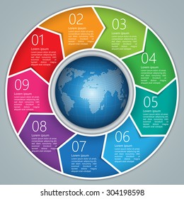 Colorful Circle Arrows With World Globe,Number and Information Text Design. 9 Options, Financial and Business Infographic, Life Cycle Diagram,Workflow/Element Layout Design. Vector Illustration