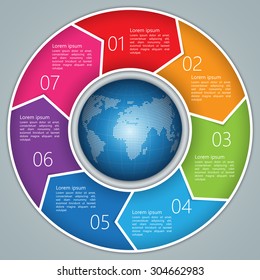 Colorful Circle Arrows With World Globe,Number And Information Text Design. 7 Options, Financial And Business Infographic, Life Cycle Diagram,Workflow/Element Layout Design. Vector Illustration