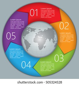 Colorful Circle Arrows With World Globe,Number And Information Text Design. 5 Options, Financial And Business Infographic, Life Cycle Diagram,Workflow/Element Layout Design. Vector Illustration