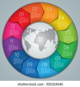 Colorful Circle Arrows With World Globe,Number And Information Text Design. 12 Options, Financial And Business Infographic, Life Cycle Diagram,Workflow/Element Layout Design. Vector Illustration