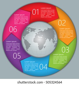 Colorful Circle Arrows With World Globe,Number And Information Text Design. 6 Options, Financial And Business Infographic, Life Cycle Diagram,Workflow/Element Layout Design. Vector Illustration