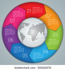 Colorful Circle Arrows With World Globe,Number And Information Text Design. 7 Options, Financial And Business Infographic, Life Cycle Diagram,Workflow/Element Layout Design. Vector Illustration