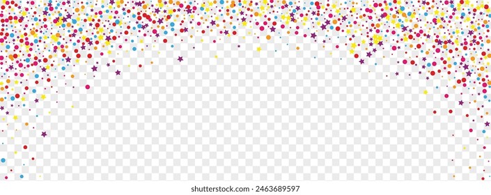 Colorful Circle Background Transparent Vector. Polka Falling Card. Bright Surprise. Rainbow Confetti Top. Dot Ribbon Illustration.