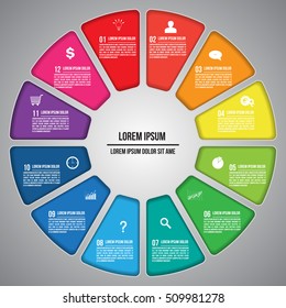 Colorful Circle With Business Icon and Information Text Design. Pie Chart Design, 12 Options, Workflow/Element Layout Design. Vector Illustration