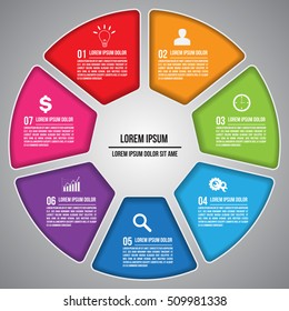 Colorful Circle With Business Icon and Information Text Design. Pie Chart Design, 7 Options, Workflow/Element Layout Design. Vector Illustration