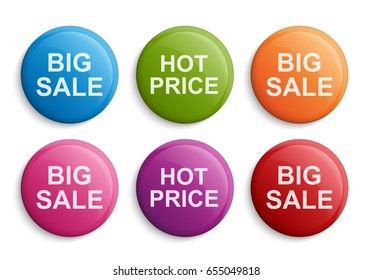 Colorful circle buttons or badges. Design elements. Big sale, discount. Vector illustration.