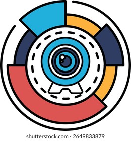 A colorful circle with a camera lens in the center. The circle is divided into different colored sections, and the camera lens is surrounded by a white frame. Concept of creativity and innovation