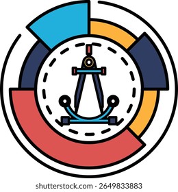 A colorful circle with a compass in the center. The compass is surrounded by a red, blue, and yellow circle