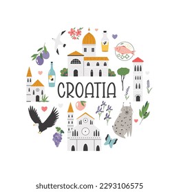 Colorful circle design with famous landmarks, symbols of Croatia - Dubrovnik, Zadar, Hvar, animals, food, flowers. Cartoon design for travel posters, magazines, blogs, prints.