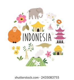 Colorful circle design with symbols, animals landmarks of Indonesia. Can be used for posters, travel guides, wall arts