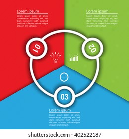 Colorful Circle Diagram with Number, 3 Options, Business Icon and Text Information Design. Vector Illustration.