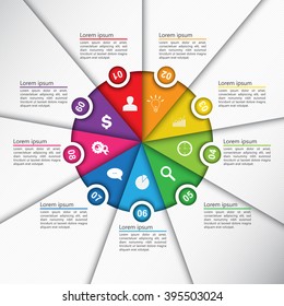 Colorful Circle Diagram with Number on White Paper Texture Background. 9 Options, Business Icon and Text Information Design. Vector Illustration.
