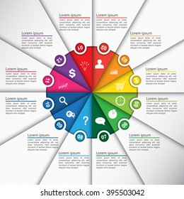 Colorful Circle Diagram with Number on White Paper Texture Background. 12 Options, Business Icon and Text Information Design. Vector Illustration.