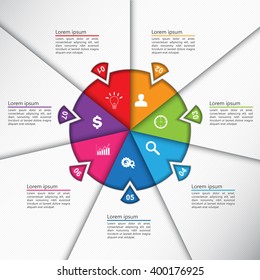 Colorful Circle Diagram with Number on White Paper Texture Background. 7 Options, Business Icon and Text Information Design. Vector Illustration.