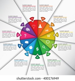 Colorful Circle Diagram with Number on White Paper Texture Background. 11 Options, Business Icon and Text Information Design. Vector Illustration.