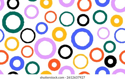 Colorful circle doodle seamless pattern. Seamless hand drawn pattern with colorful dots. Vector brush strokes design elements. Perfect for wallpapers, pattern fills, web page backgrounds, surface text