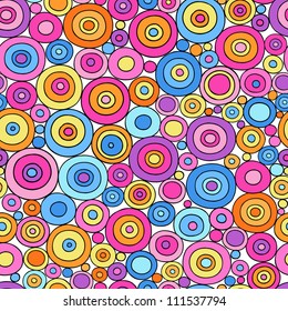 Colorful Circle Doodles Seamless Pattern Psychedelic Groovy Notebook Doodle Design- Hand-Drawn Vector Illustration Background