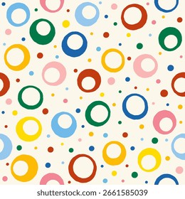 Colorful circle and dot seamless pattern on cream background, playful vector design