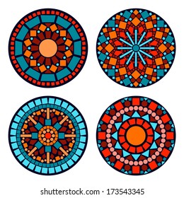 Colorful circle floral ethnic mandalas set in blue red and orange, vector