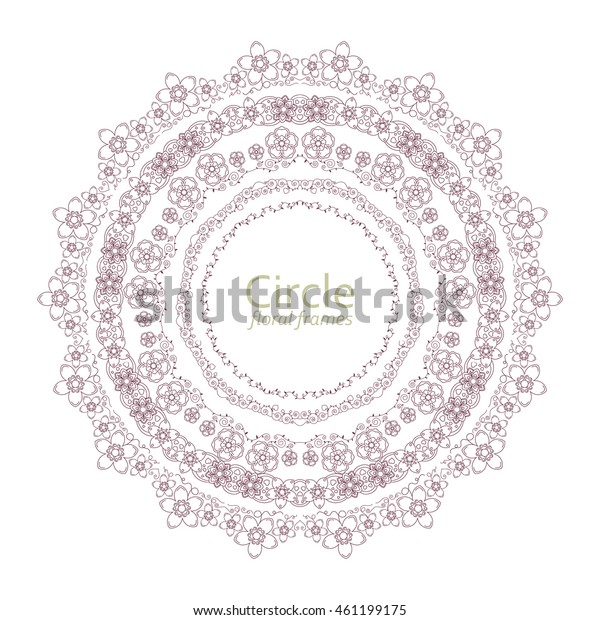 Colorful circle floral frames with hearts.\
Vector illustration