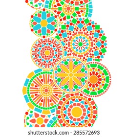 Colorful circle floral mandala border in green and orange on white seamless pattern, vector