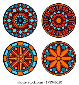 Colorful circle floral mandalas set in blue red and orange, vector