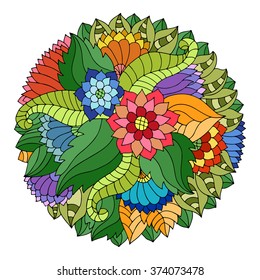 Colorful circle floral ornament with wild flowers and leaves in gypsy style. Round lace color mandala. Bright flower background.