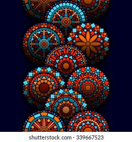 Colorful circle flower mandalas geometric seamless border in blue red and orange, vector