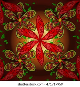 Colorful circle flower mandalas seamless pattern in orange and green, brown on red, vector