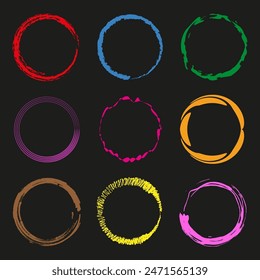 Colorful circle frames. Abstract round borders. Nine different designs. Black background vector.