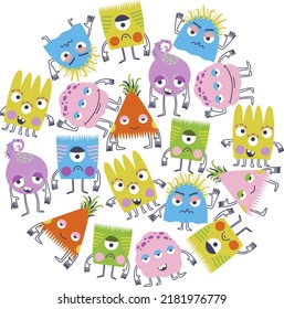 Colorful circle of funny monsters Kids vector illustration.