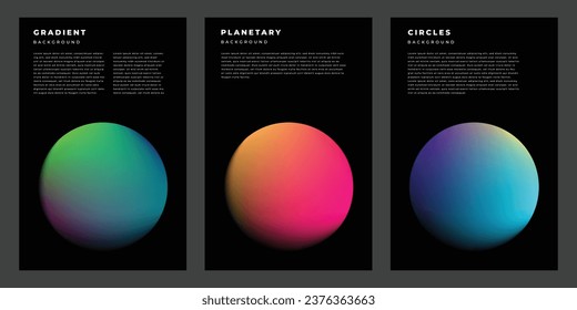 Colorful circle gradient mesh poster or banner design set. Planetary and space themed background template. Vibrant rounded ornament on dark backdrop.