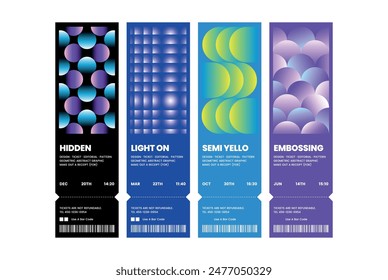 Colorful circle gradient pattern ticket template set modern trendy creative graphic design exhibition layout abstract dot gradation poster minimal light on emboss receipt banner print book concept