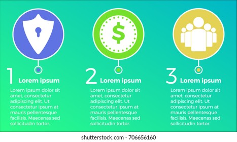 Colorful circle infographic design template with icons of guard, coin and people on the green-blue background.