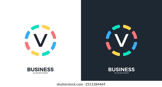 Círculo colorido com a letra V logotipo ícone vetor. Modelo moderno de design de logotipo de tecnologia inicial.